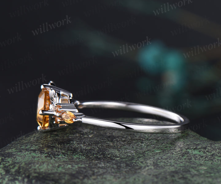 Round yellow citrine Cat Engagement Ring 14K white Gold Animal Cat Shaped Wedding Promise Ring Peekaboo Kitten Unique Gifts for Cat Lover