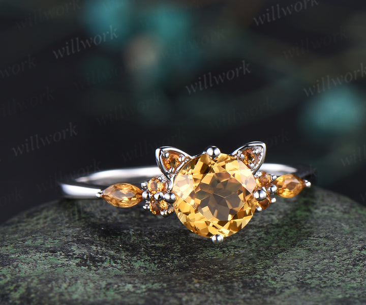 Round yellow citrine Cat Engagement Ring 14K white Gold Animal Cat Shaped Wedding Promise Ring Peekaboo Kitten Unique Gifts for Cat Lover