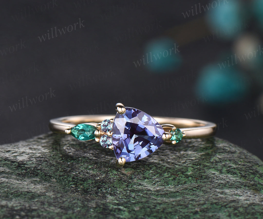 Delicate Trillion Cut Alexandrite Engagement Ring June Birthstone Five Stone Wedding Ring Art Deco Emerald Cluster Bridal Ring Gift For Women