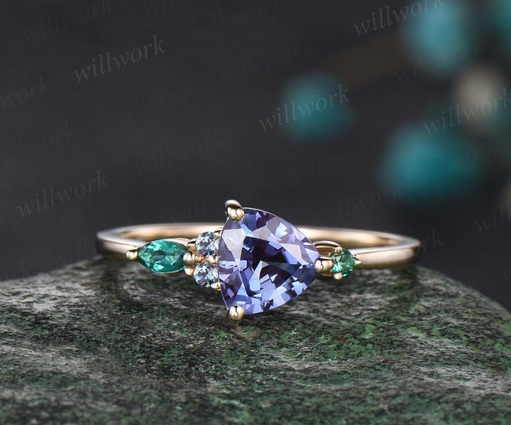 Delicate Trillion Cut Alexandrite Engagement Ring June Birthstone Five Stone Wedding Ring Art Deco Emerald Cluster Bridal Ring Gift For Women