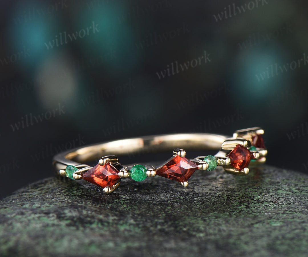 Kite Garnet Half Eternity Wedding Band Emerald Wedding Ring Red Stone Ring Vintage Rose Gold Silver Ring Women Minimalist Anniversary Rings