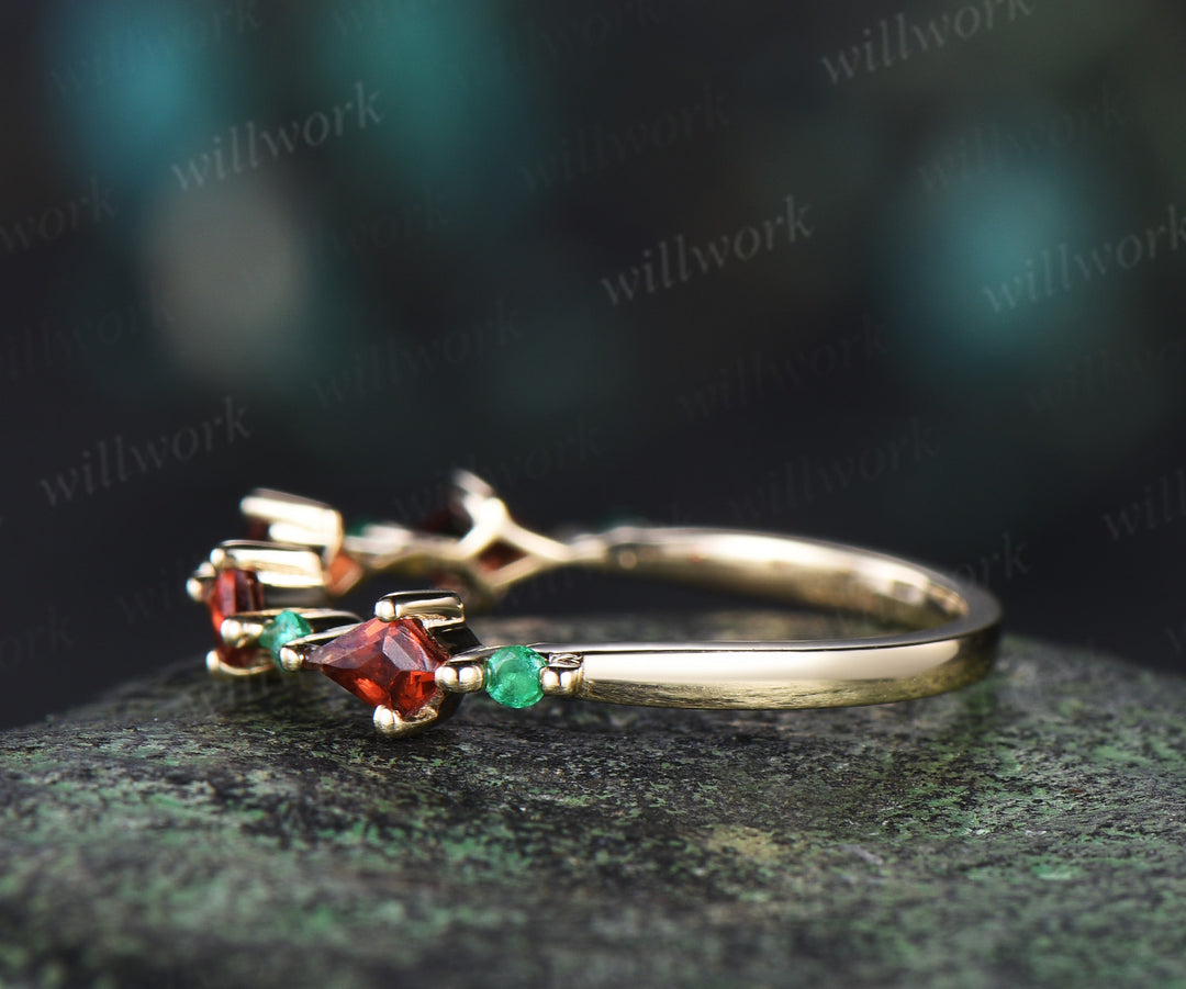 Kite Garnet Half Eternity Wedding Band Emerald Wedding Ring Red Stone Ring Vintage Rose Gold Silver Ring Women Minimalist Anniversary Rings