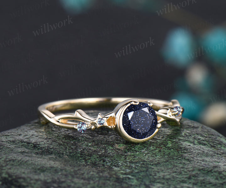 Galaxy Round Cut Blue Sandstone Engagement Ring June Birthstone Alexandrite Twisted Split Shank Ring Moon Star Wedding Ring Promise Jewelry