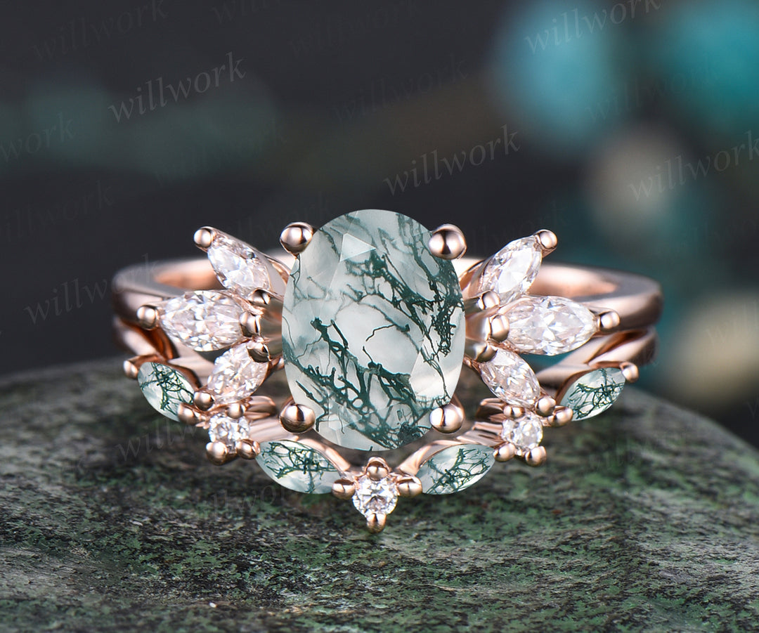 Unique Oval Cut Natural Green Moss Agate Engagement Ring Set 14k Rose Gold Seven Stone Green Gemstone Moissanite Cluster 2pcs Bridal Ring Set