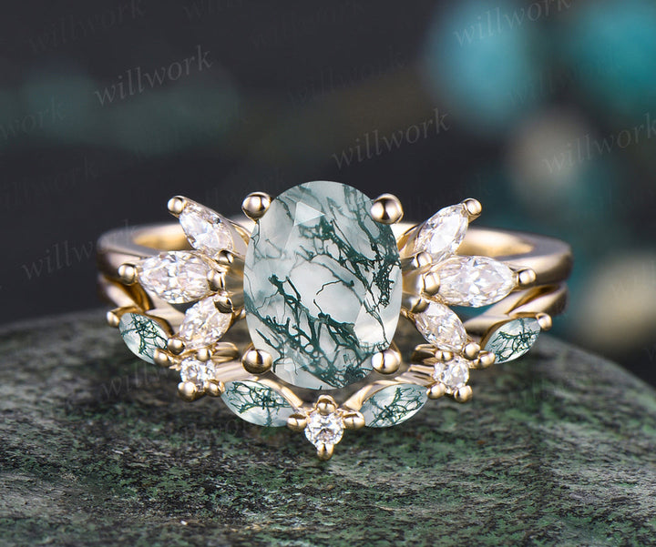 READY TO SHIP: Oval Cut Green Moss Agate Engagement Ring Set - 10k Yellow Gold - Ring Size: 5.5 US