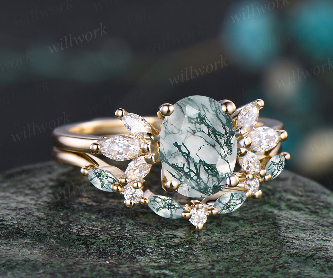 READY TO SHIP: Oval Cut Green Moss Agate Engagement Ring Set - 10k Yellow Gold - Ring Size: 5.5 US