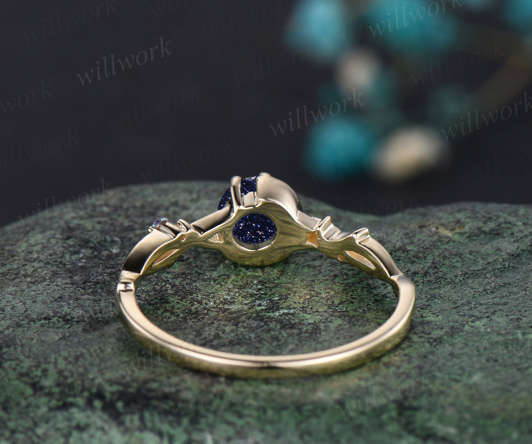 Galaxy Round Cut Blue Sandstone Engagement Ring June Birthstone Alexandrite Twisted Split Shank Ring Moon Star Wedding Ring Promise Jewelry
