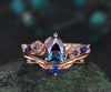 Pear shaped alexandrite engagement ring set rose gold leaf floral five stone sapphire wedding bridal ring set women