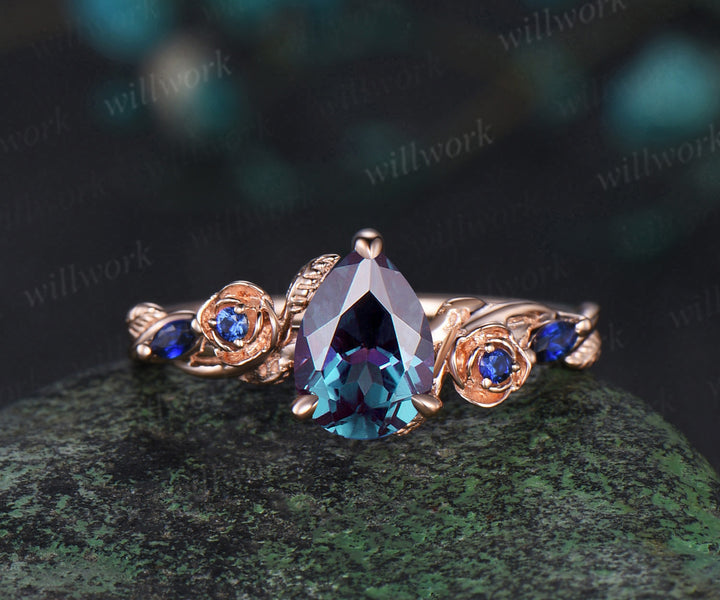 Pear shaped alexandrite engagement ring set rose gold leaf floral five stone sapphire wedding bridal ring set women