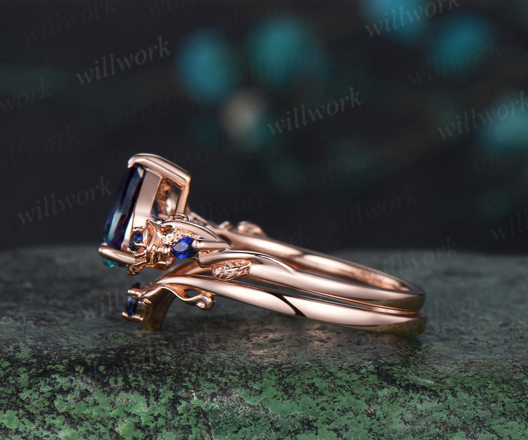 Pear shaped alexandrite engagement ring set rose gold leaf floral five stone sapphire wedding bridal ring set women