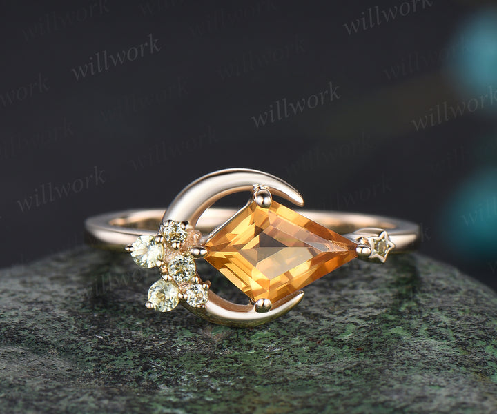 Dainty Kite Cut Natural Citrine Ring Unique Natural Peridot Cluster Star Moon Wedding Ring 14k Yellow Gold November Birthstone Yellow Crystal Promise Ring
