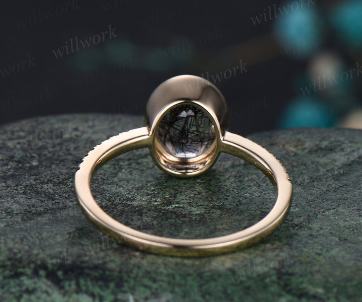 Oval Cut Natural Black Rutilated Quartz Engagement Ring Unique Black Diamond Spinel Ring Bezel Set Black Gemstone Bridal Anniversary Ring Women