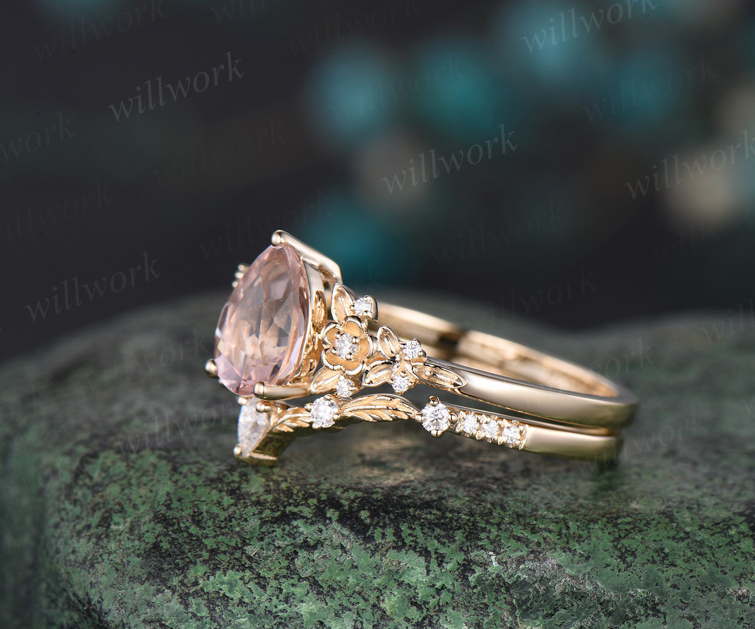 Pear Cut Pink Morganite Engagement Ring Set 14k Rose Gold Pink store Morganite Wedding Ring Set Art Deco Morganite Bridal Anniversary Ring Set