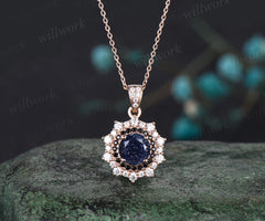 Unique Galaxy Blue Sandstone Necklace Minimalist Delicate Double Halo Moissanite Black Spinel Diamond Pendant 14k White Gold Healing Jewelry