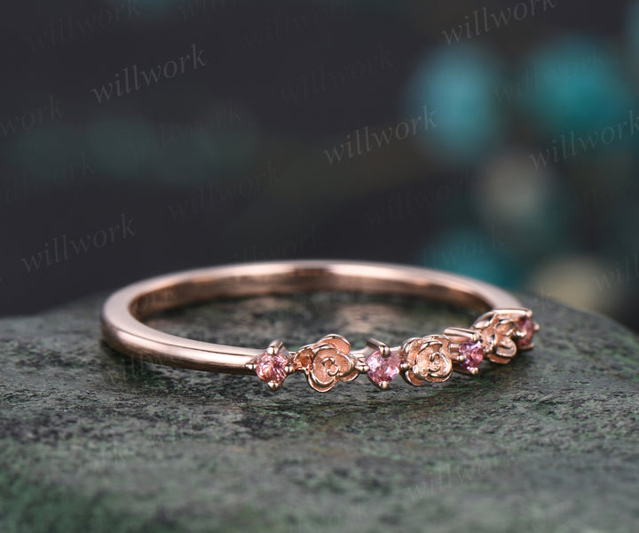 Minimalist Flower Wedding Band October Birthstone Round Cut Natural Pink Tourmaline Wedding Ring 14k Rose Gold Nature Inspired Promise Gift