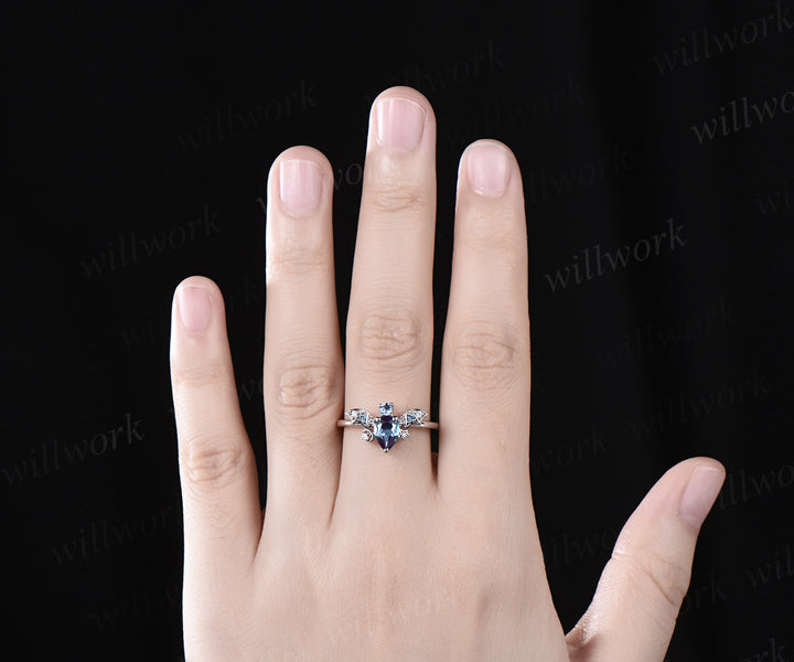 Pear alexandrite ring vintage 14k white gold moon star bat unique engagement ring women wing diamond anniversary ring gift