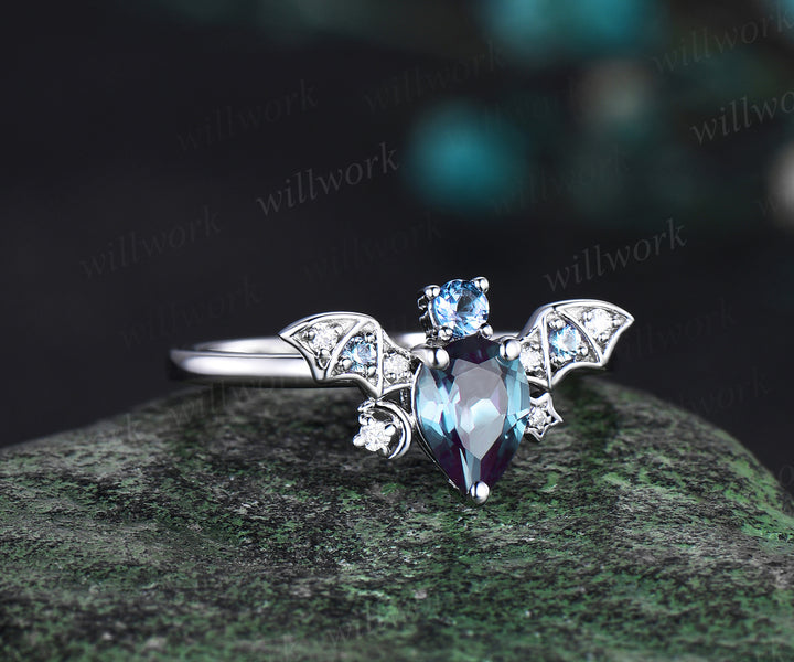 Pear alexandrite ring vintage 14k white gold moon star bat unique engagement ring women wing diamond anniversary ring gift