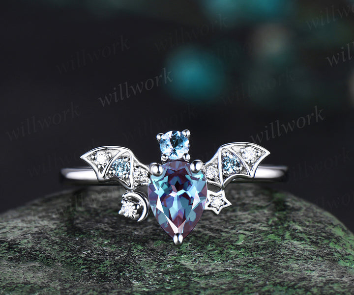 Pear alexandrite ring vintage 14k white gold moon star bat unique engagement ring women wing diamond anniversary ring gift