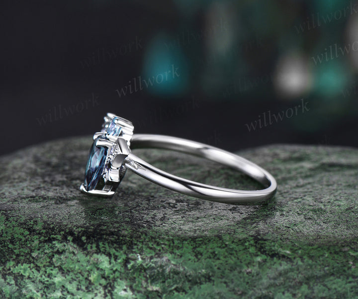 Pear alexandrite ring vintage 14k white gold moon star bat unique engagement ring women wing diamond anniversary ring gift