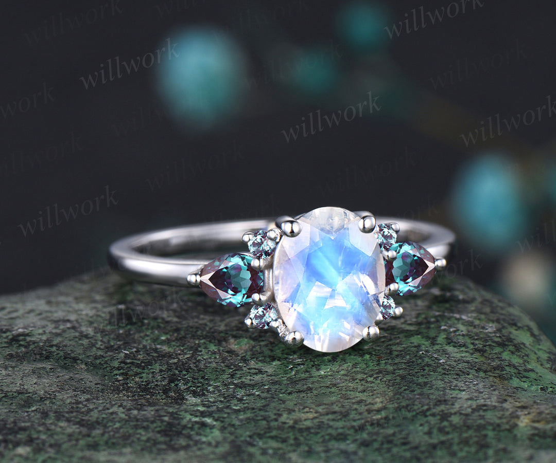 Oval Cut Natural Moonstone Engagement Ring June Birthstone Alexandrite Wedding Ring Seven Stone Cluster Ring