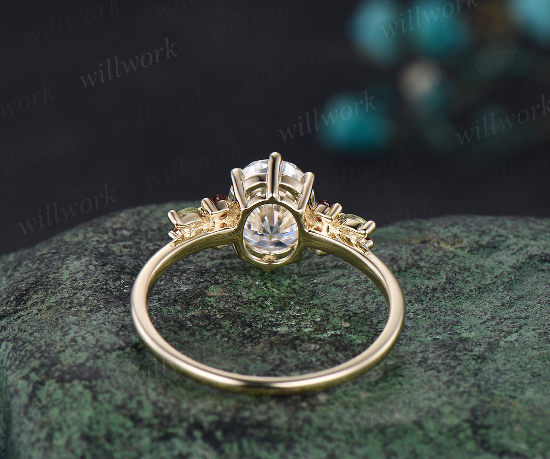Vintage Oval Cut Moissanite Engagement Ring Natural Peridot Garnet Cluster Wedding Ring 14k Yellow Gold Custom Bridal Gift