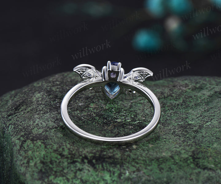 Pear alexandrite ring vintage 14k white gold moon star bat unique engagement ring women wing diamond anniversary ring gift