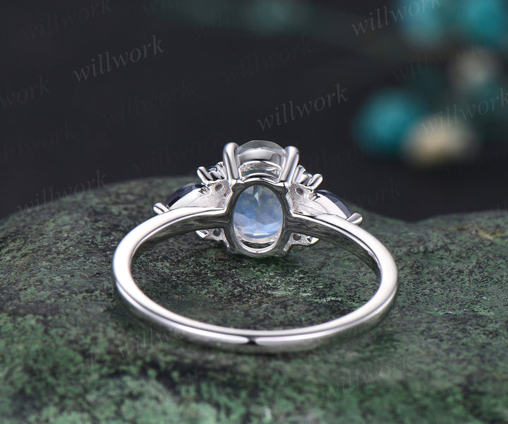 Oval Cut Natural Moonstone Engagement Ring June Birthstone Alexandrite Wedding Ring Seven Stone Cluster Ring