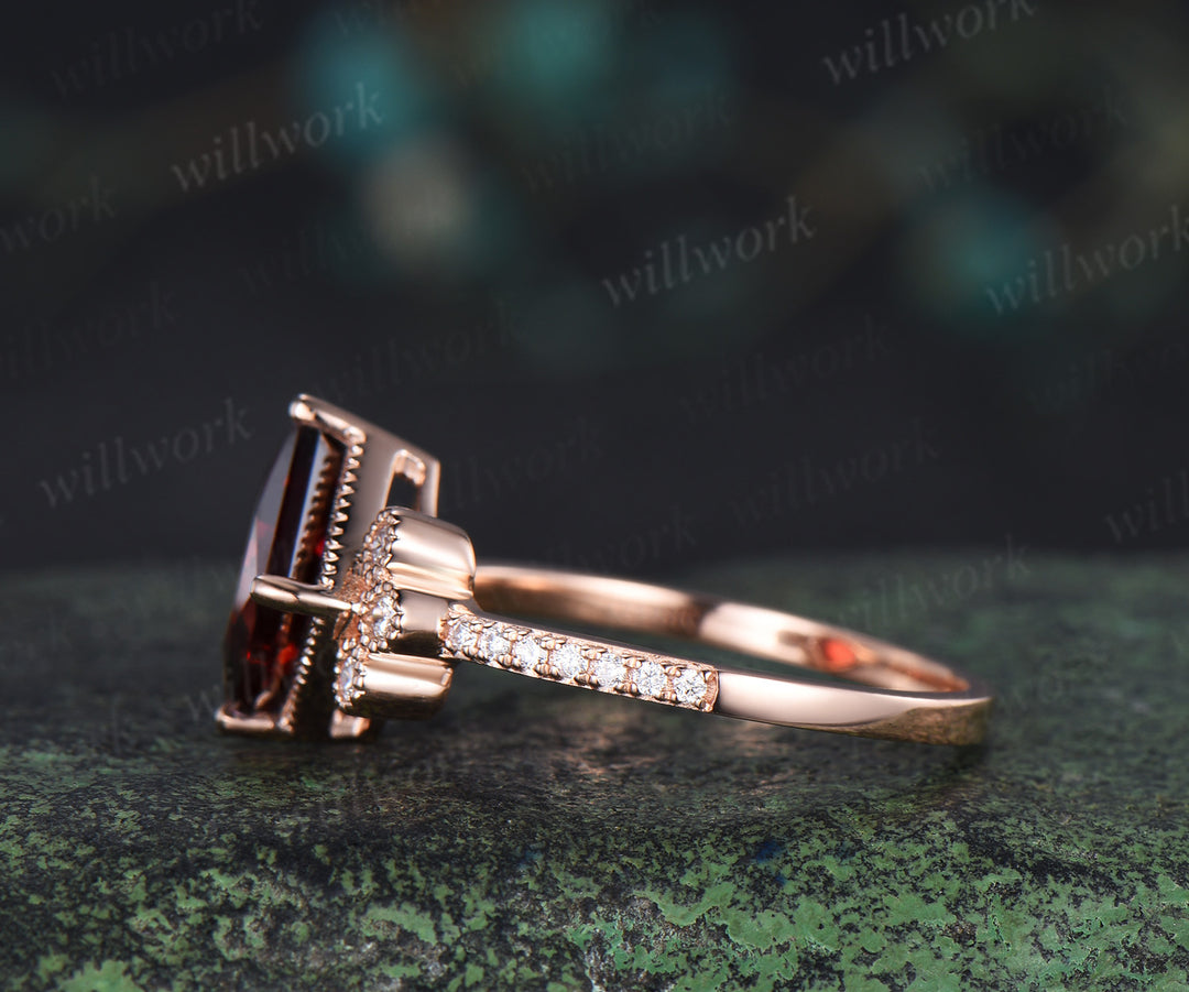Solid rose gold ring unique vintage engagement ring 7mm princess cut garnet engagement ring diamond January birthstone ring anniversary gift