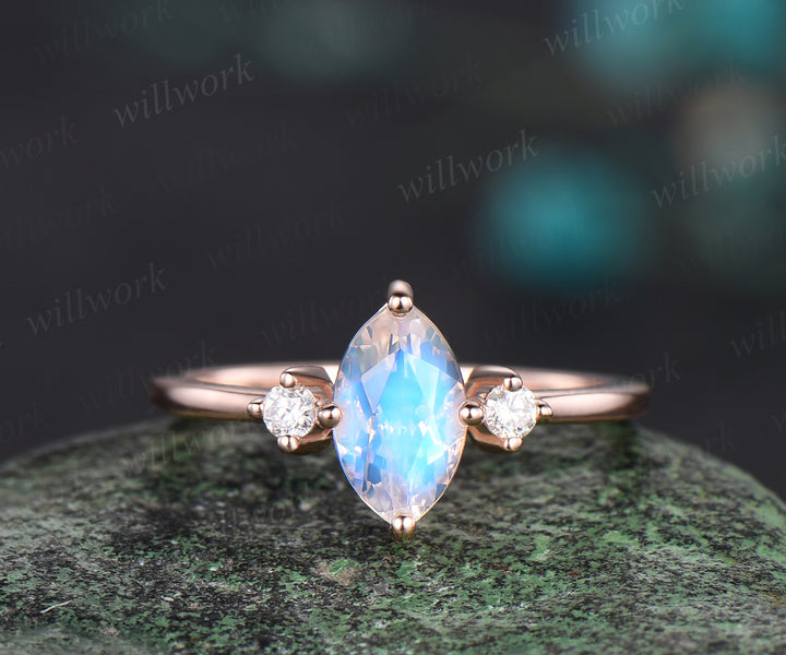 Art Deco Marquise Cut Natural Moonstone Engagement Ring 14k Rose Gold June Birthstone Blue Gemstone Three Stone Ring Birthday Jewelry Anniversary Gift