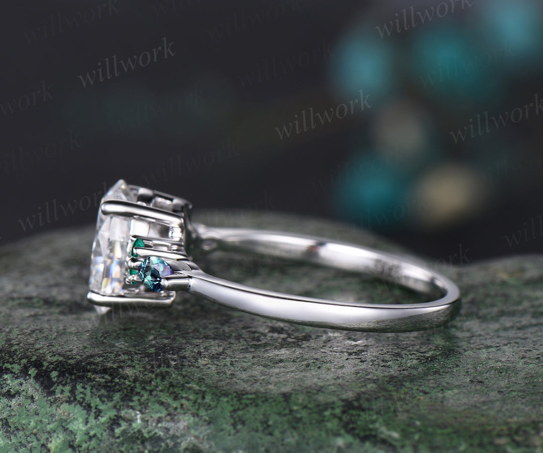 Unique Oval Cut Moissanite Engagement Ring 14k White Gold Emerald Alexandrite Wedding Ring Seven Stone Bridal Ring