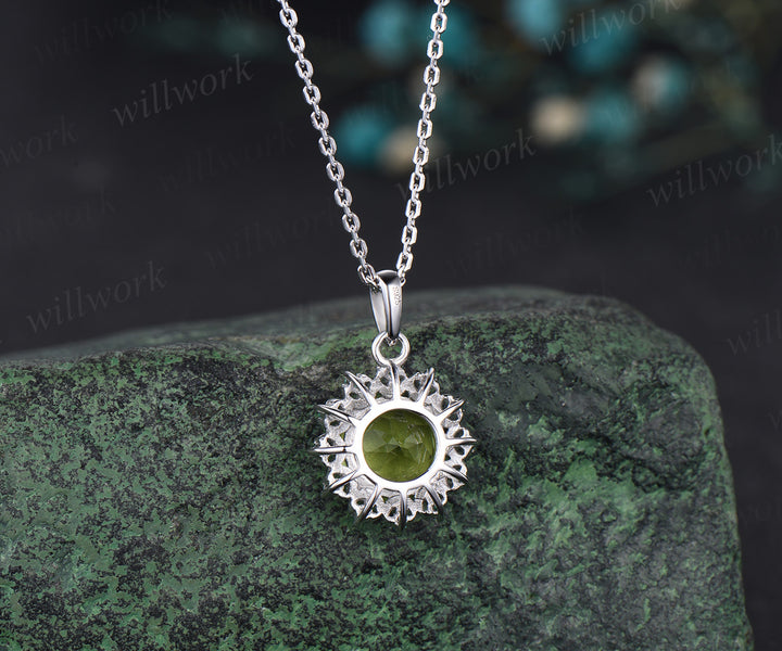 Delicate Round Cut August Birthstone Natural Peridot Engagement Necklace Minimalist May Birthstone Emerald Halo Pendant 14k White Gold Anniversary Gift