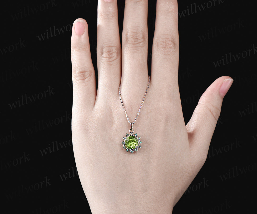 Delicate Round Cut August Birthstone Natural Peridot Engagement Necklace Minimalist May Birthstone Emerald Halo Moon Pendant 14k White Gold Anniversary Gift