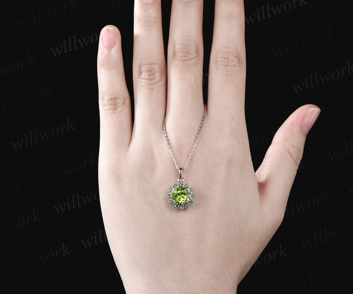 Delicate Round Cut August Birthstone Natural Peridot Engagement Necklace Minimalist May Birthstone Emerald Halo Moon Pendant 14k White Gold Anniversary Gift
