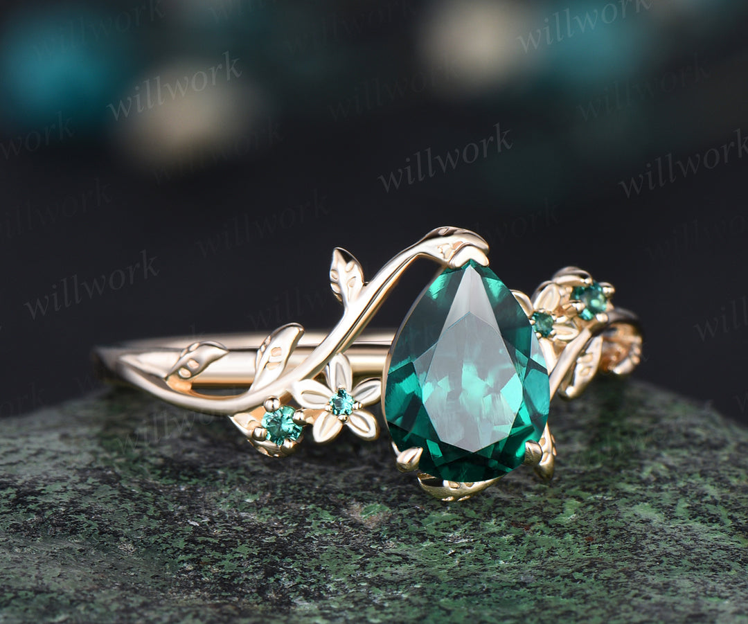 May Birthstone Pear Cut Emerald Engagement Ring Unique Leaf Flower Vin ...