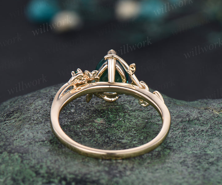 May Birthstone Pear Cut Emerald Engagement Ring Unique Leaf Flower Vine Twig Branch Nature Inspired Wedding Ring 14k Yellow Gold Bridal Ring