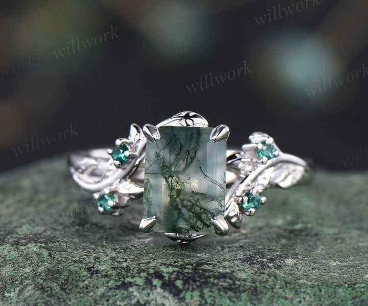 Customize order-ring set-14k white gold-size 6-emerald cut moss agate