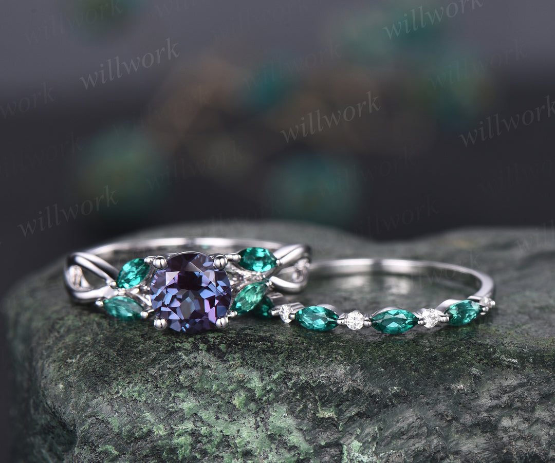 June Birthstone Round Cut Alexandrite Engagement Ring Set Unique Twisted Split Shank Ring Art Deco Moissanite Emerald 2pcs Bridal Ring Set Women