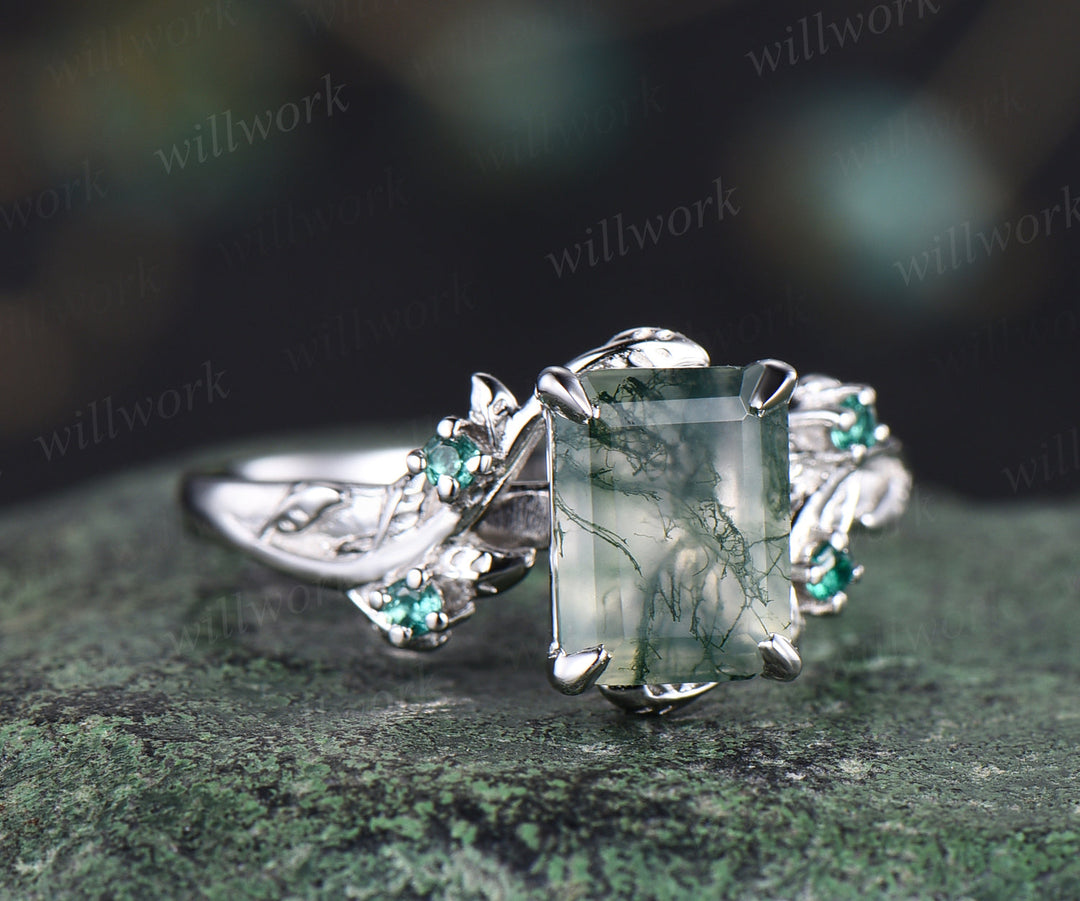 Customize order-ring set-14k white gold-size 6-emerald cut moss agate