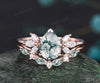 Pear Cut Natural Green Moss Agate Engagement Ring Set Moissanite Cluster Seven Stone Ring 14k Rose Gold Green Gemstone 2pcs Bridal Ring Set