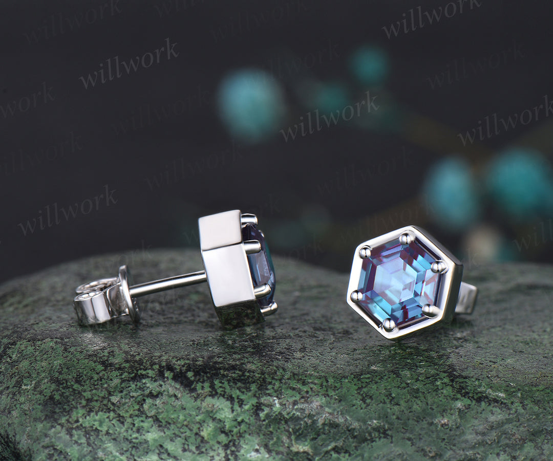 Unique Hexagon Cut June Birthstone Pierced Earrings Color Change Stone Solitaire Stud Earrings Promise Birthday Gift