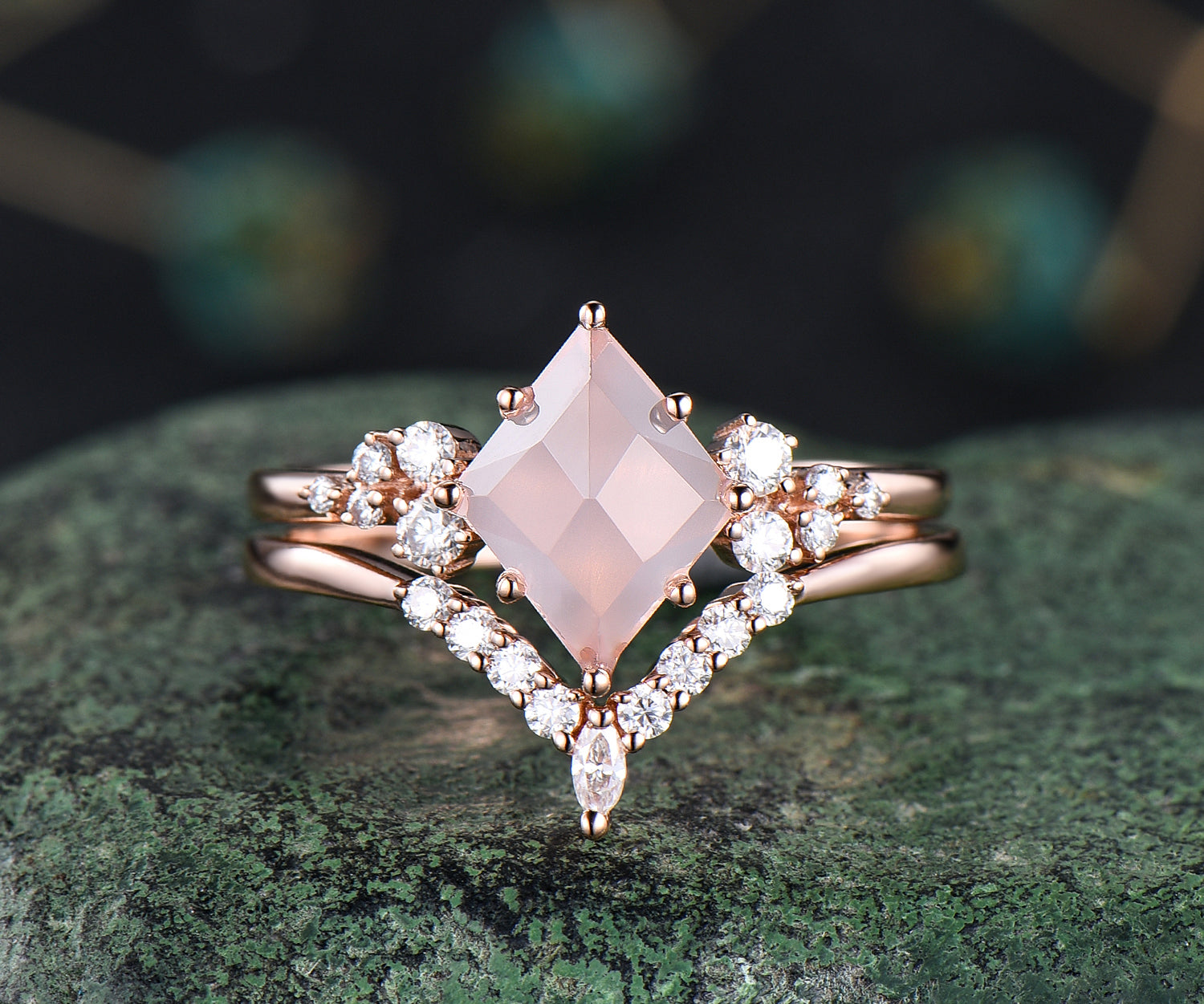 Unique rose quartz engagement ring art deco snowdrift cluster ring min –  WILLWORK JEWELRY
