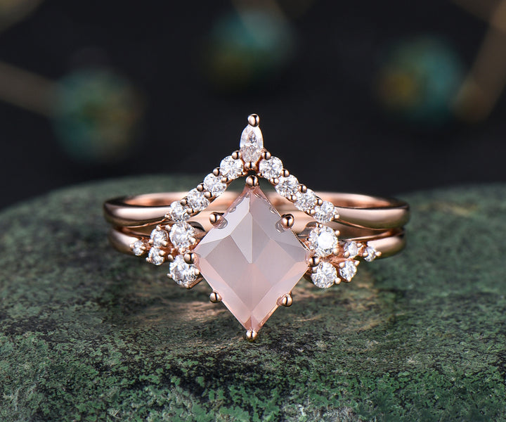 Unique rose quartz engagement ring art deco snowdrift cluster ring minimalist crystal ring set curved v shape wedding band bridal ring set gifts for women