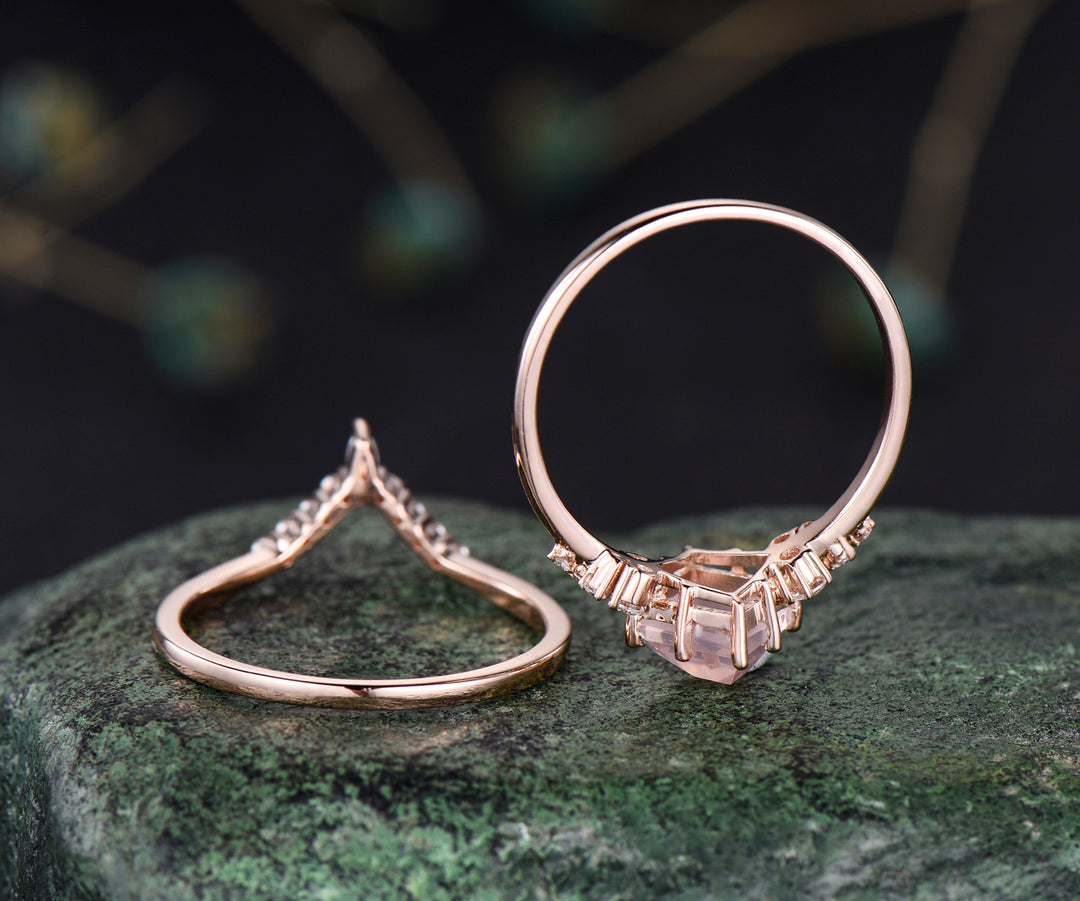 Unique rose quartz engagement ring art deco snowdrift cluster ring minimalist crystal ring set curved v shape wedding band bridal ring set gifts for women