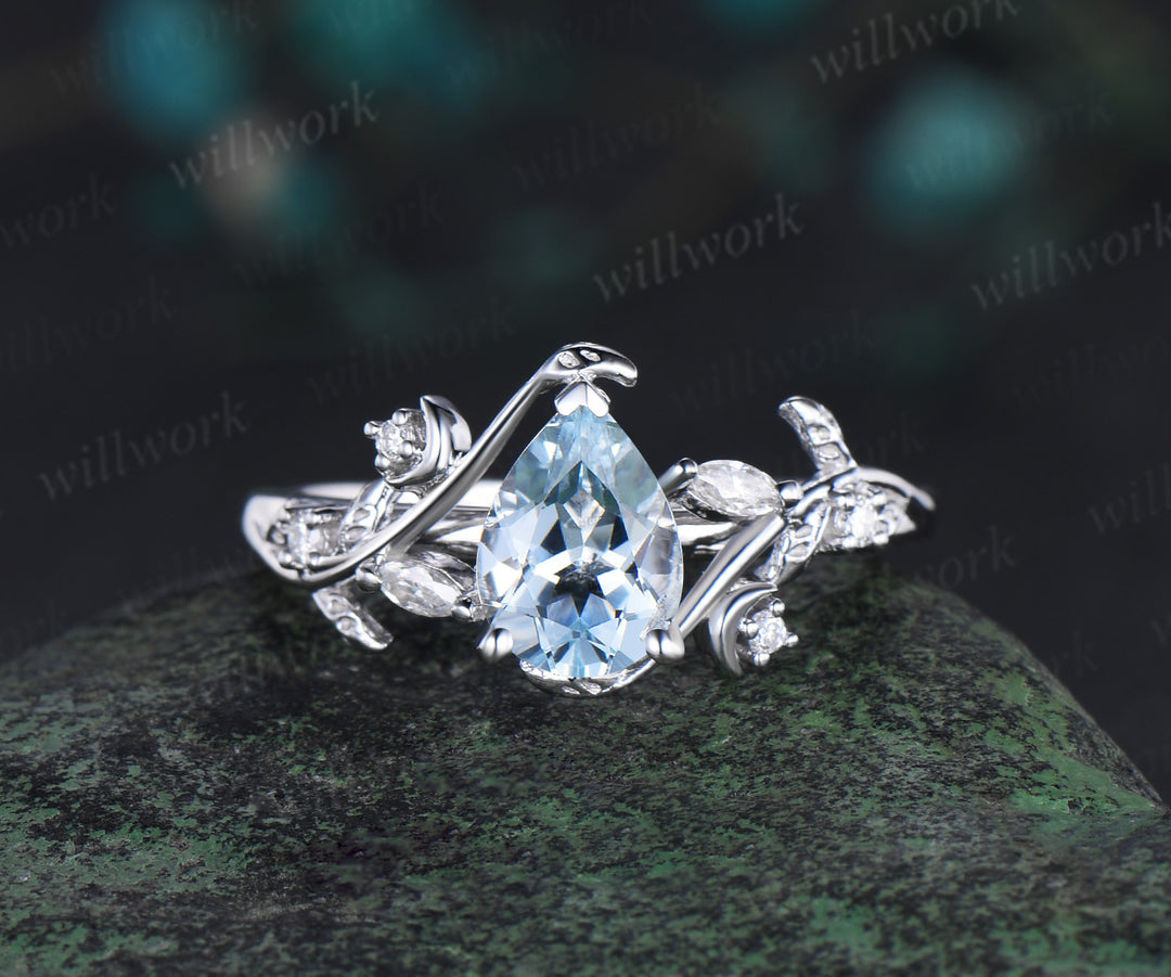 Vintage pear shaped aquamarine engagement ring white gold heart leaf moon nature inspired diamond bridal wedding ring set women jewelry gift