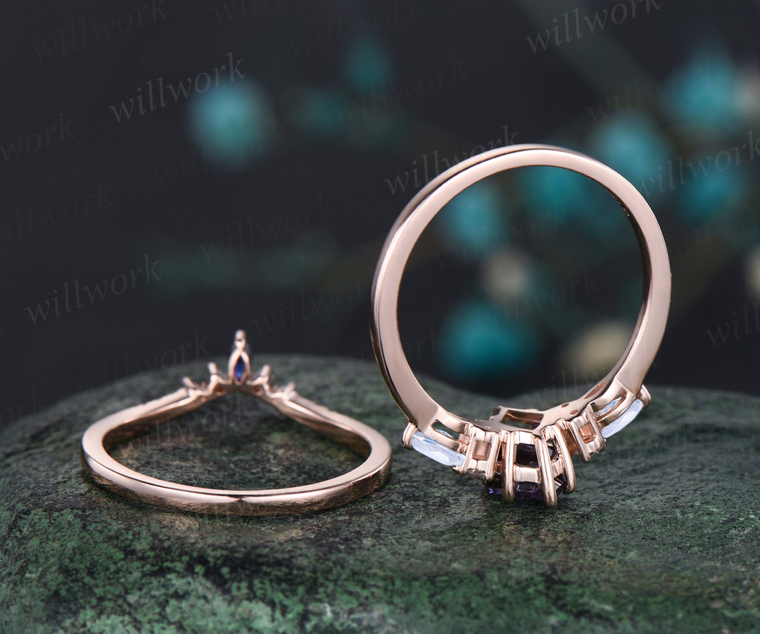 Unique Kite Cut Alexandrite Engagement Ring Set June Birthstone Moonstone Blue Sapphire Moissanite Diamond Ring 14k Rose Gold 2pcs Bridal Ring Set