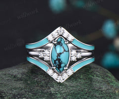 Vintage Marquise Cut Natural Turquoise Engagement Ring Set Moissanite Enamel Drop Oil Ring 14k White Gold December Birthstone 3pcs Bridal Ring Set