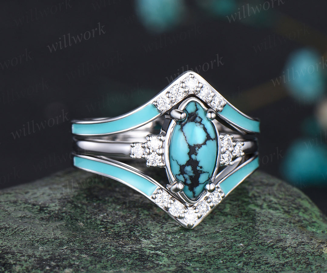 Vintage Marquise Cut Natural Turquoise Engagement Ring Set Moissanite Enamel Drop Oil Ring 14k White Gold December Birthstone 3pcs Bridal Ring Set