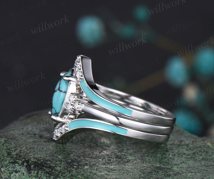 Vintage Marquise Cut Natural Turquoise Engagement Ring Set Moissanite Enamel Drop Oil Ring 14k White Gold December Birthstone 3pcs Bridal Ring Set