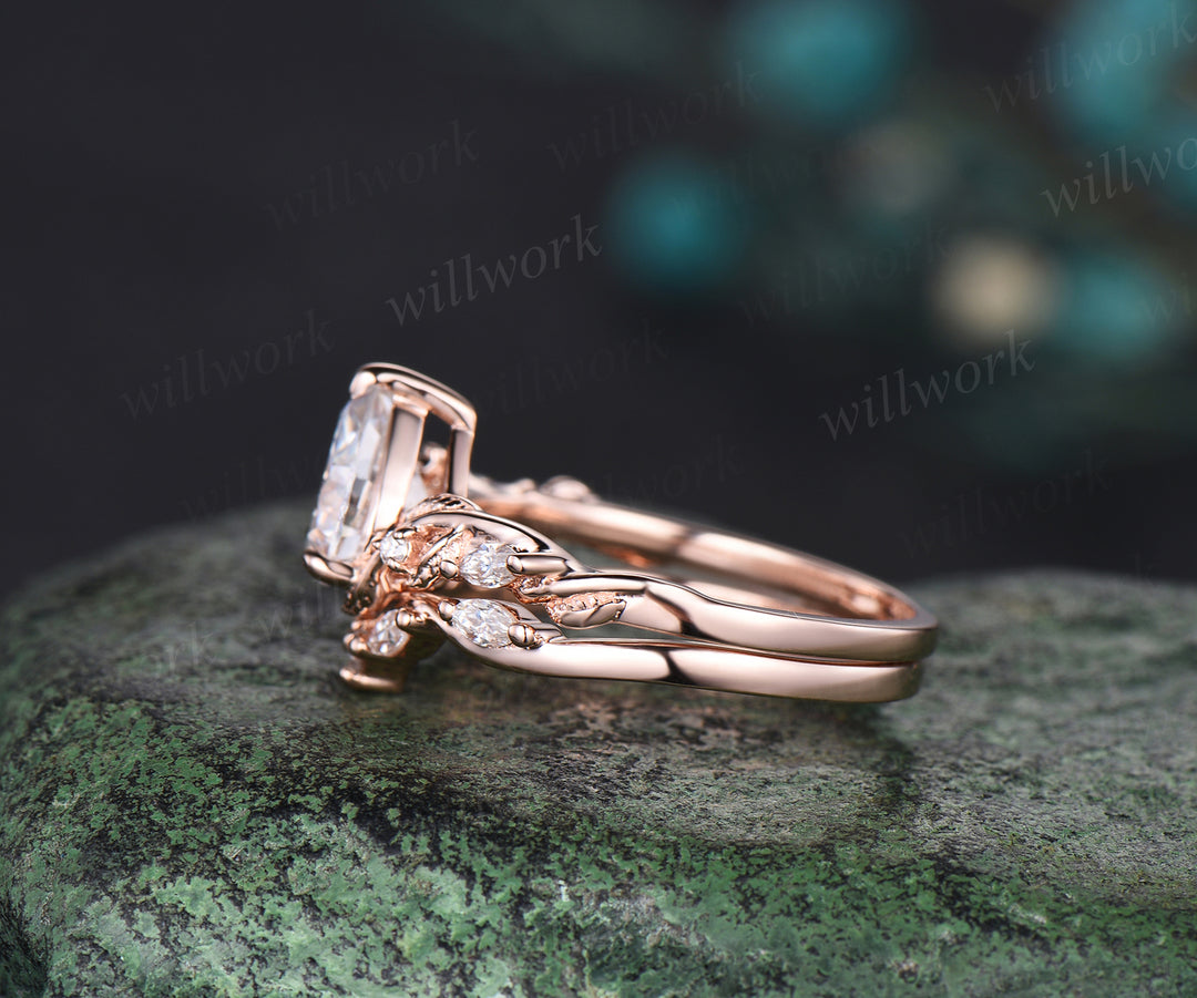 Pear moissanite Engagement Ring Set vintage rose gold Twist Leaf Vine diamond Ring Nature Inspired Branch promise Bridal ring Set women