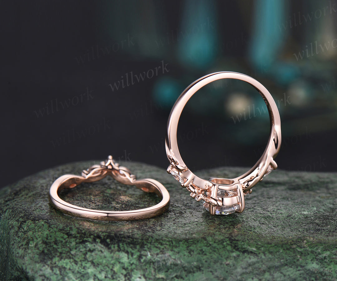 Pear moissanite Engagement Ring Set vintage rose gold Twist Leaf Vine diamond Ring Nature Inspired Branch promise Bridal ring Set women